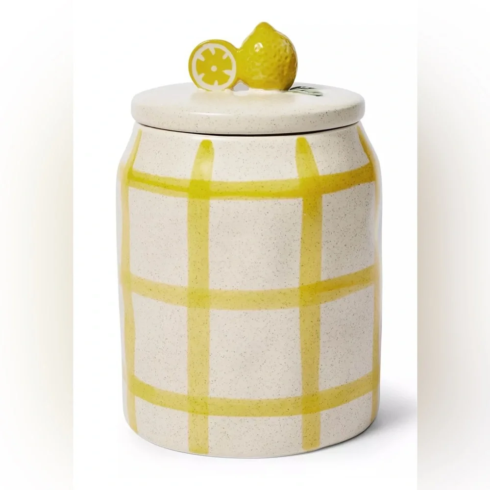 Sur La Table NIB gorgeous with a bit of whimsy 1 quart Lemon Canister with lid